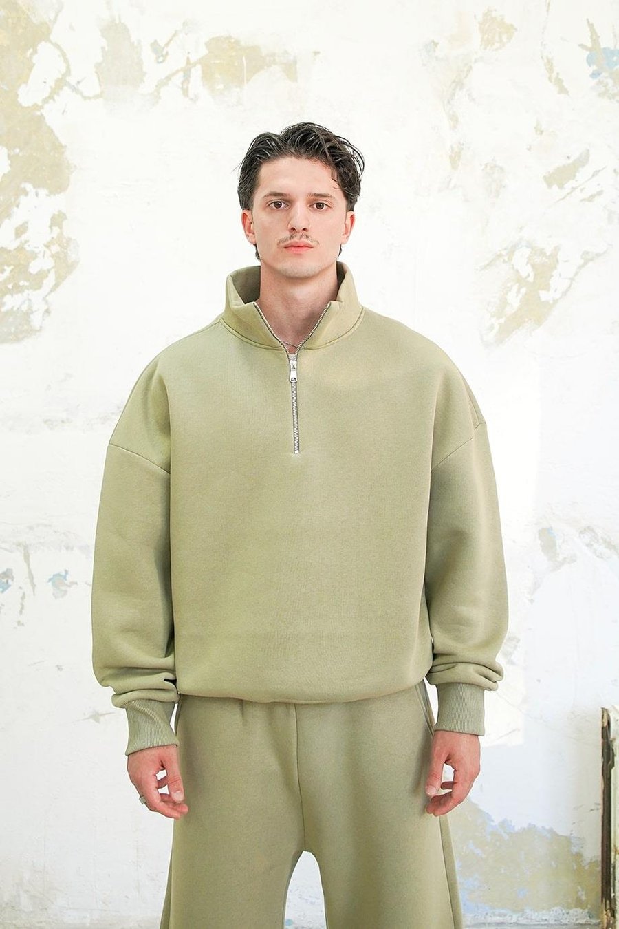 Soft Yeşil Cozy Basic Yarım Fermuar Oversize Sweatshirt