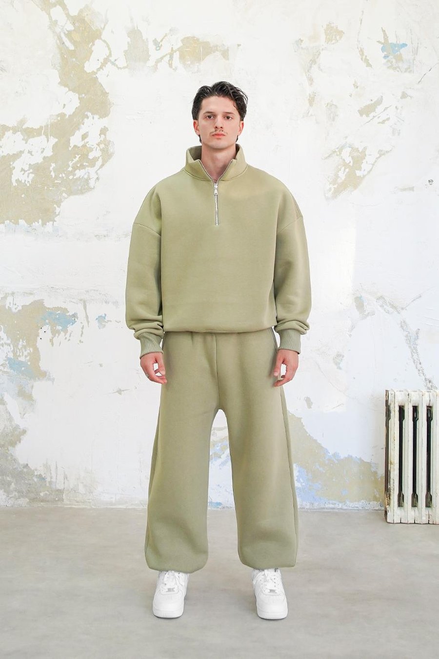 Soft Yeşil Cozy Basic Yarım Fermuar Oversize Sweatshirt