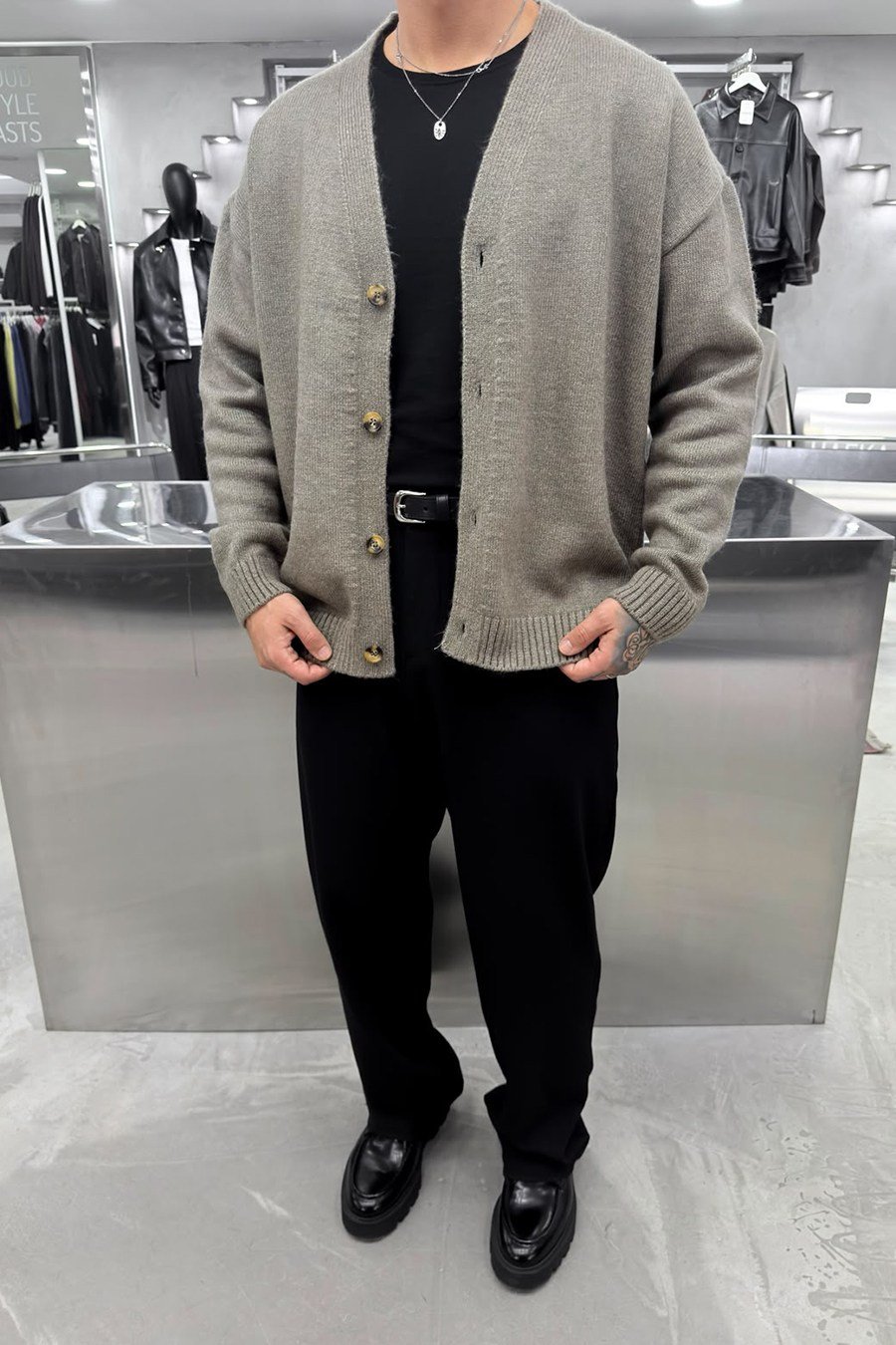 Taba Düğmeli V Yaka Oversize Triko Hırka