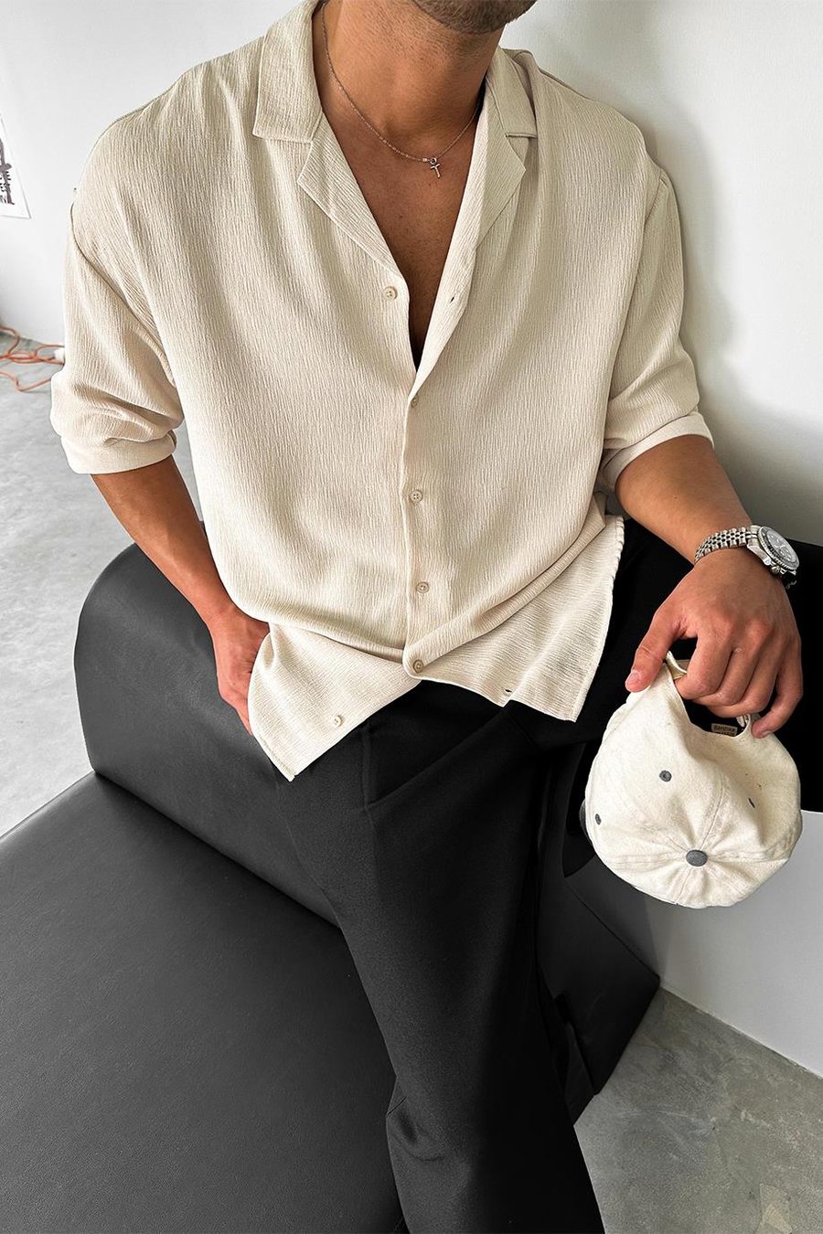 Taş Dokulu Fitilli Basic Oversize Gömlek