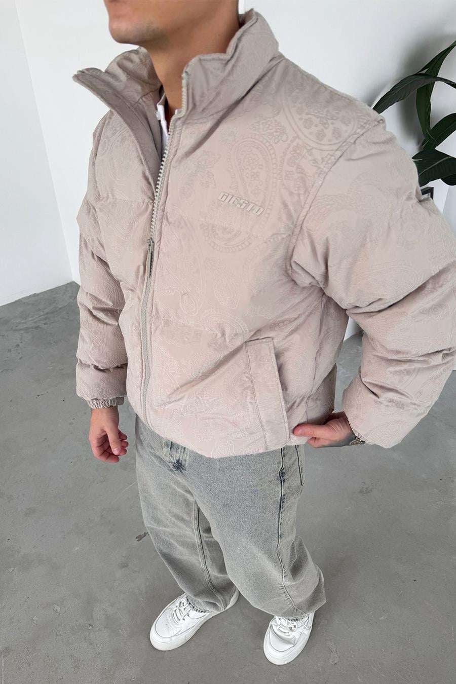 Taş Etnik Kabartma Detay Oversize Puffer Mont