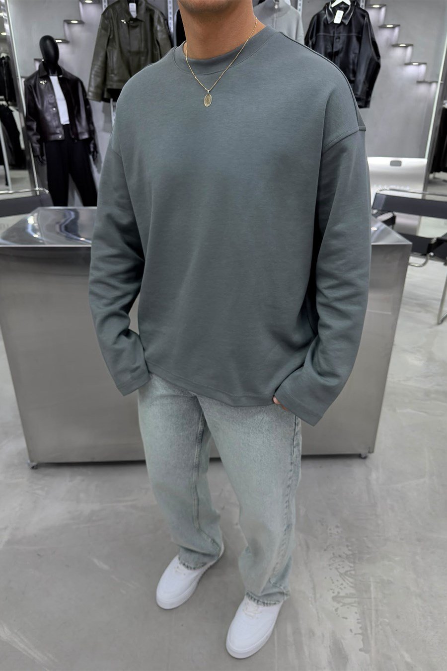 Yeşil Basic Uzun Kollu Oversize Tişört