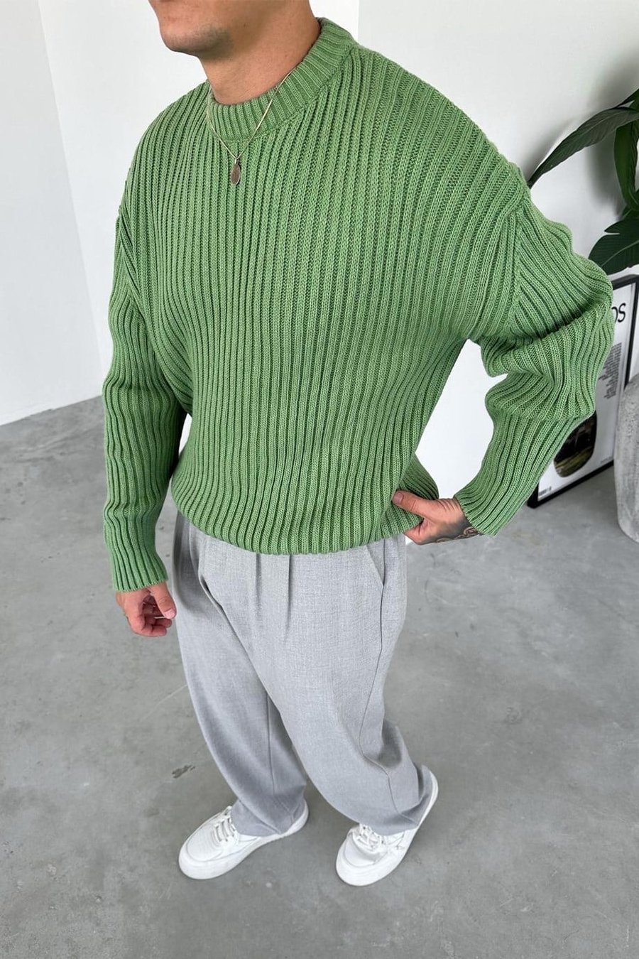 Yeşil Bisiklet Yaka Fitilli Oversize Triko Kazak