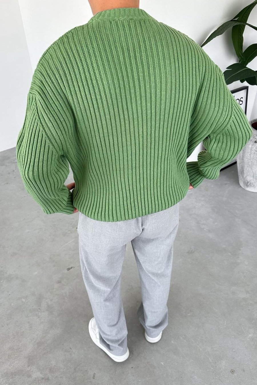Yeşil Bisiklet Yaka Fitilli Oversize Triko Kazak