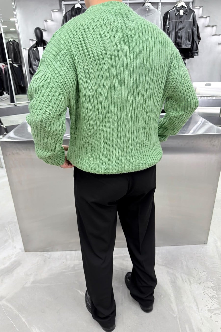 Yeşil Bisiklet Yaka Fitilli Oversize Triko Kazak