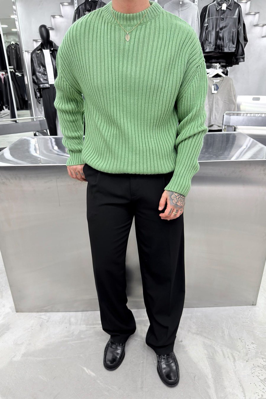Yeşil Bisiklet Yaka Fitilli Oversize Triko Kazak