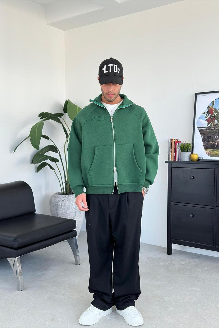 Yeşil Cozy Basic Çift Fermuar Oversize Sweatshirt