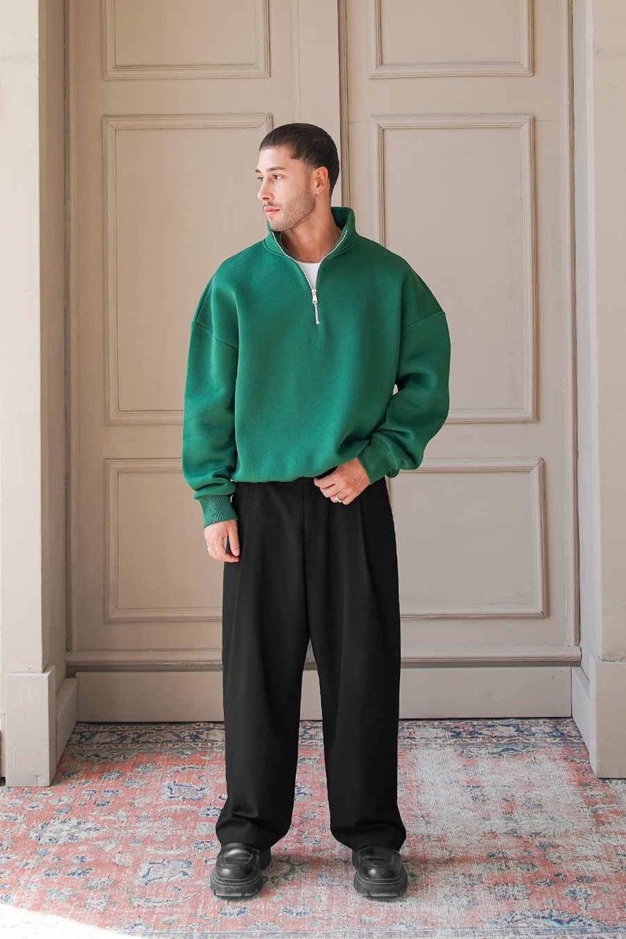 Yeşil Cozy Basic Yarım Fermuar Oversize Sweatshirt