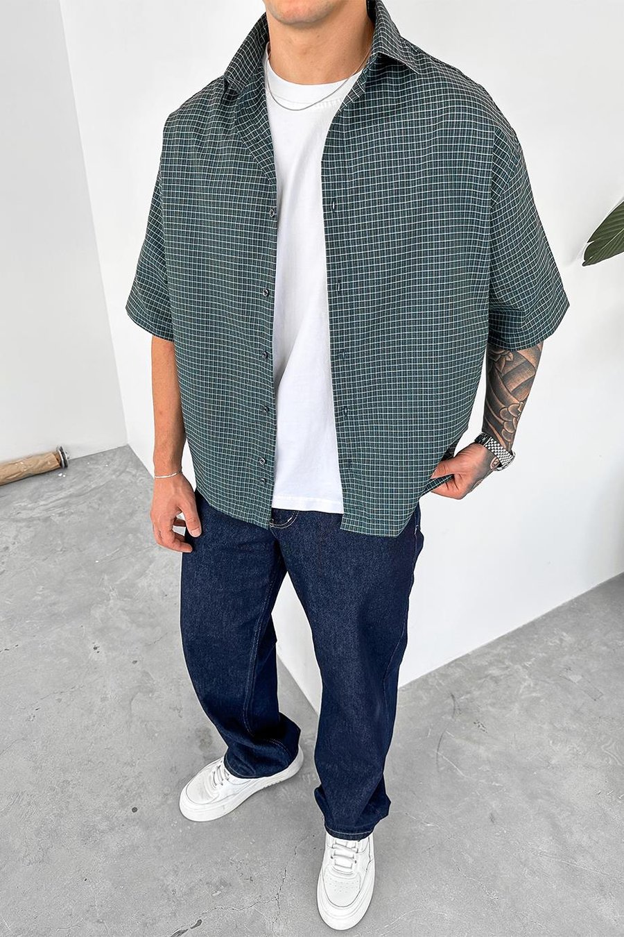 Yeşil Ekose Desenli Oversize Gömlek