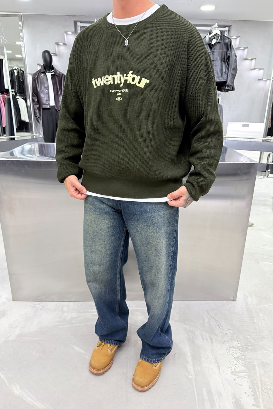 Yeşil Twenty Four Baskılı Boxy Fit Kazak