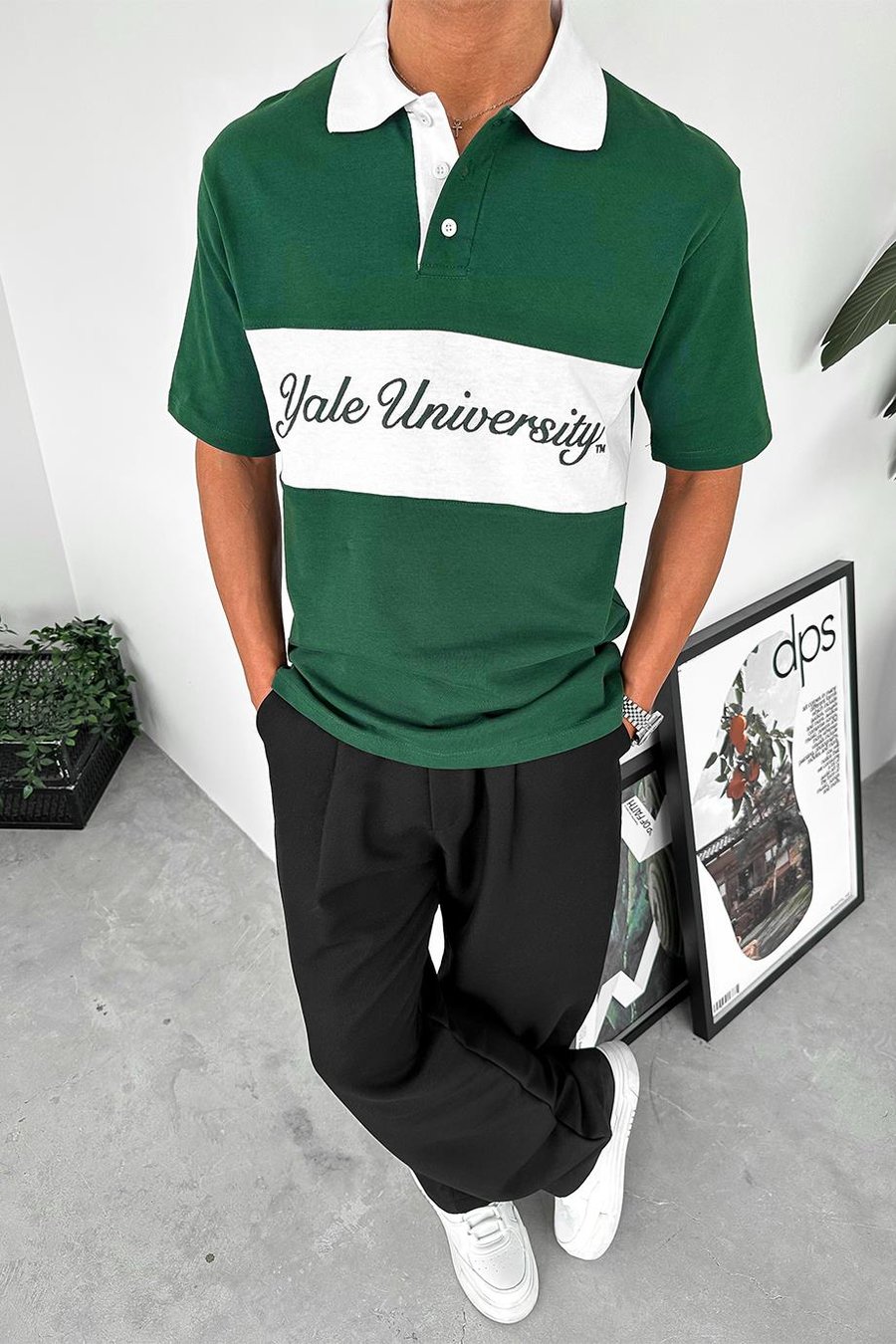 Yeşil Yale University PM Oversize Polo Yaka Tişört