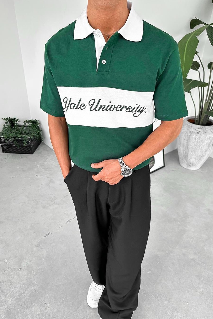 Yeşil Yale University PM Oversize Polo Yaka Tişört