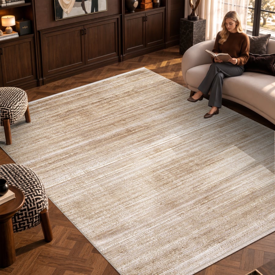 Ceviz kaplamalı modern salonda bej çizgili Cosmos CS002K viskon halı