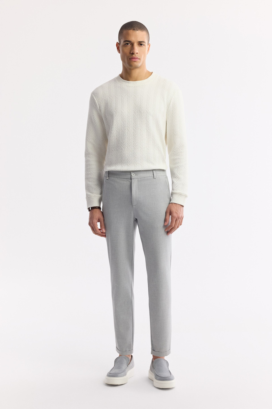 Açık Gri Beli Lastikli Bi-Stretch Chino Pantolon