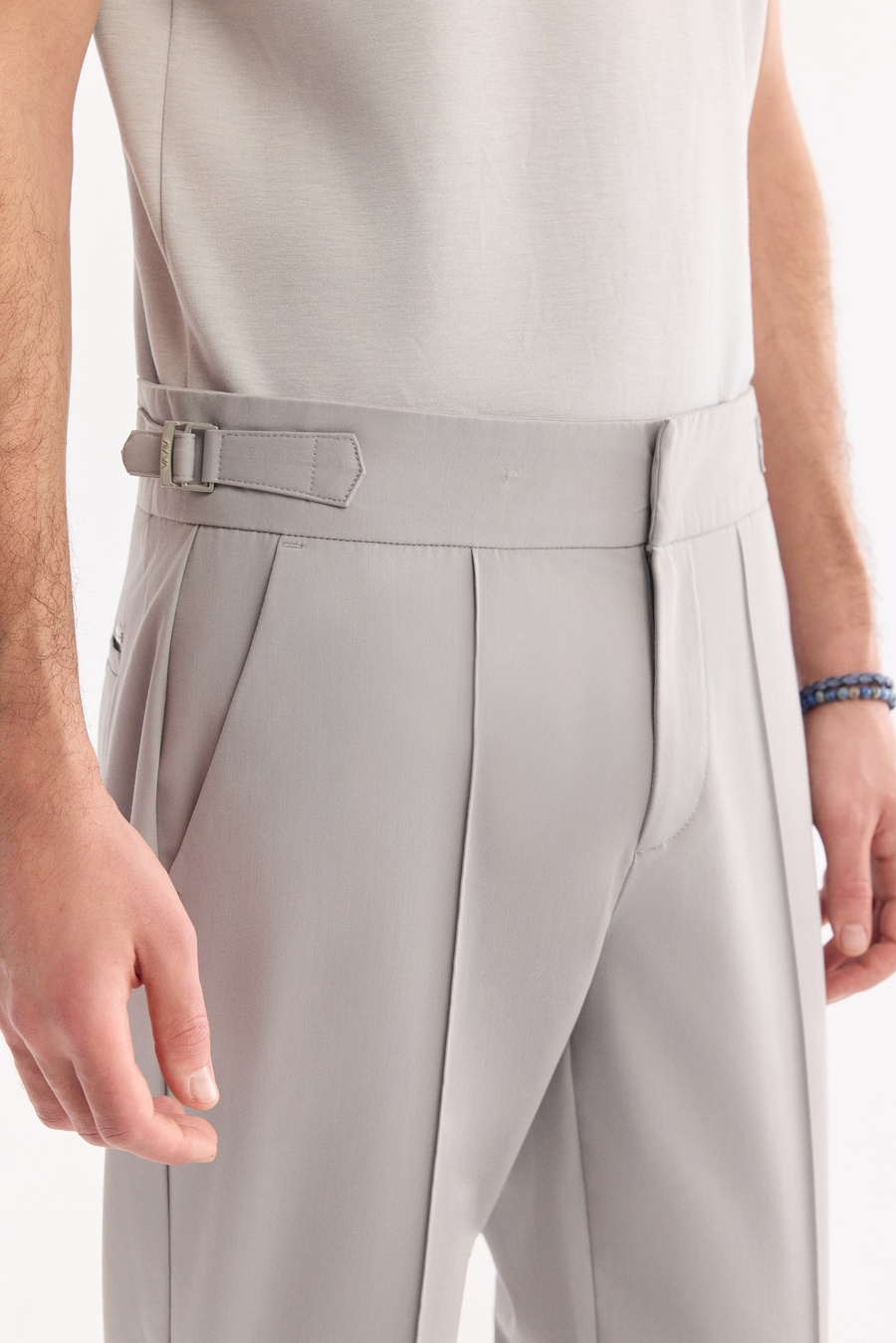 Light Grey High Waist Pintuck Buckle Detail Trousers