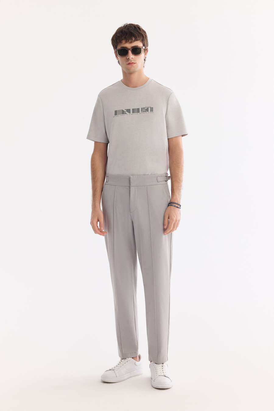 Light Grey High Waist Pintuck Buckle Detail Trousers