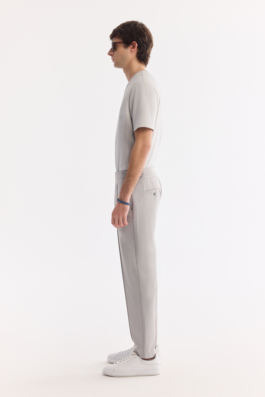Light Grey High Waist Pintuck Buckle Detail Trousers