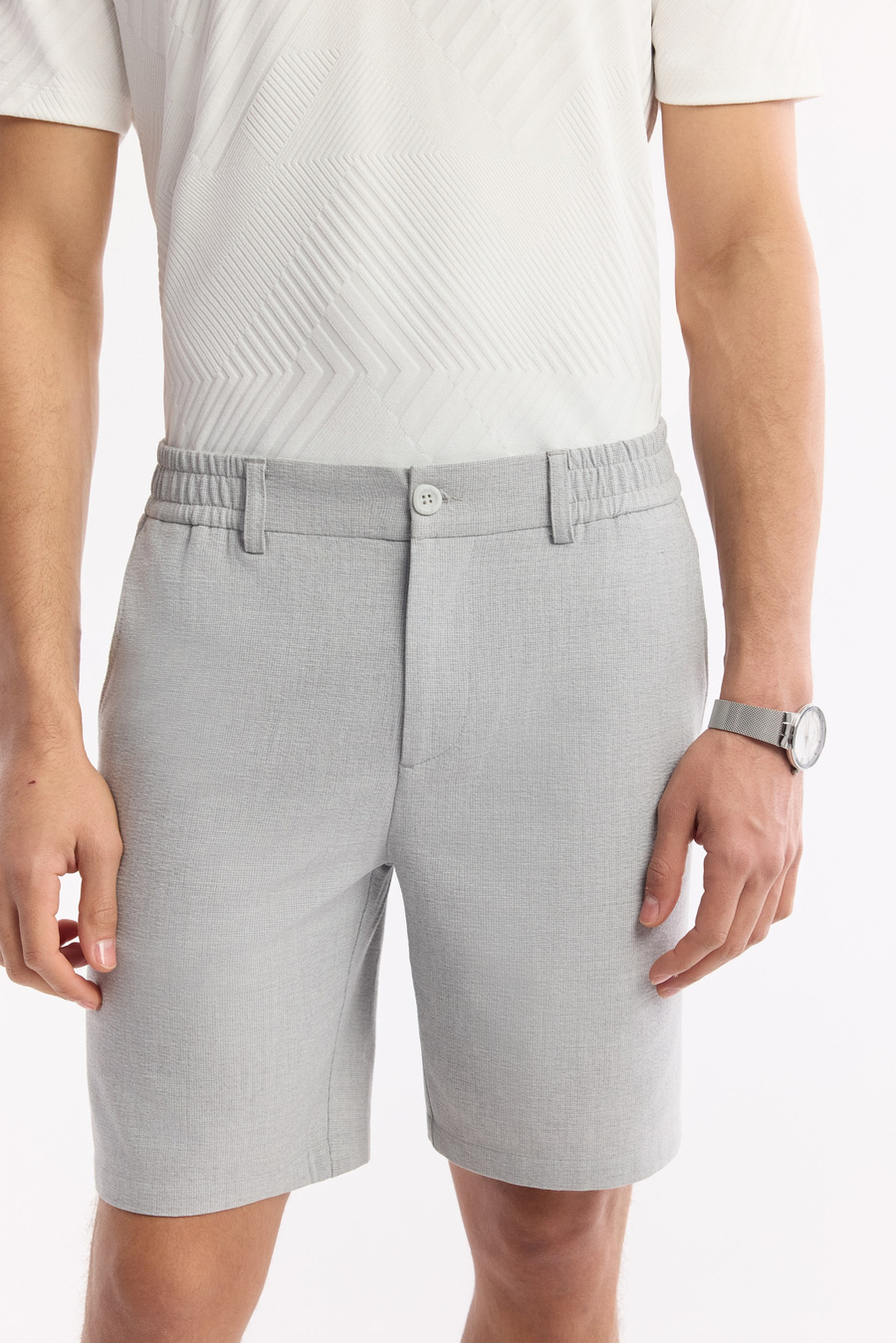 Açık Gri Yanı Lastikli Gofreli Bi-Stretch Chino Şort
