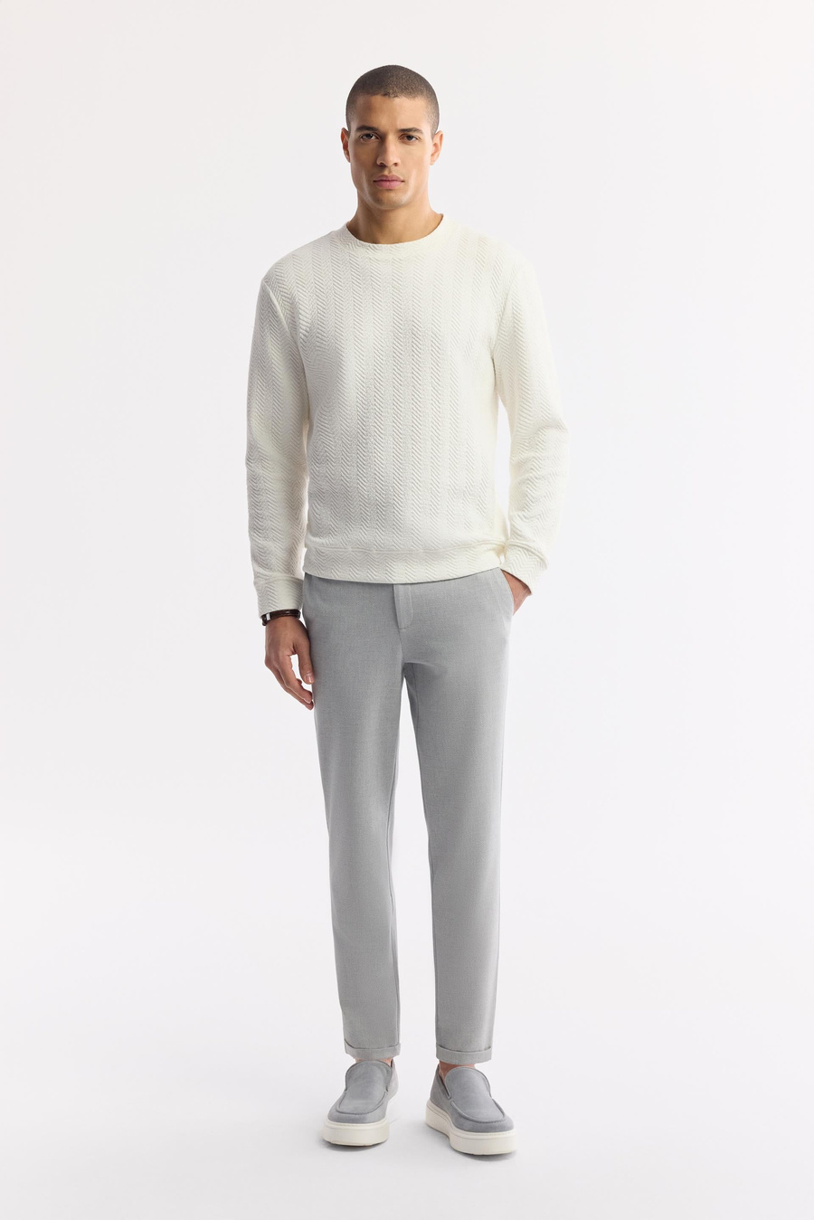 Açık Gri Beli Lastikli Bi-Stretch Chino Pantolon