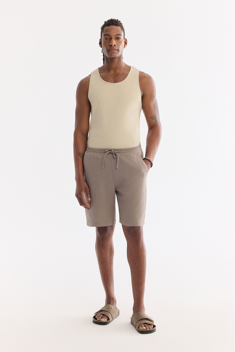 Light Khaki Elastic Drawstring Waist Cotton Breathable Shorts