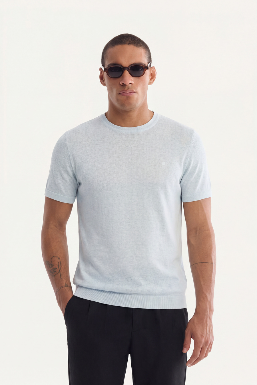 Açık Mavi Bisiklet Yaka Triko T-Shirt 