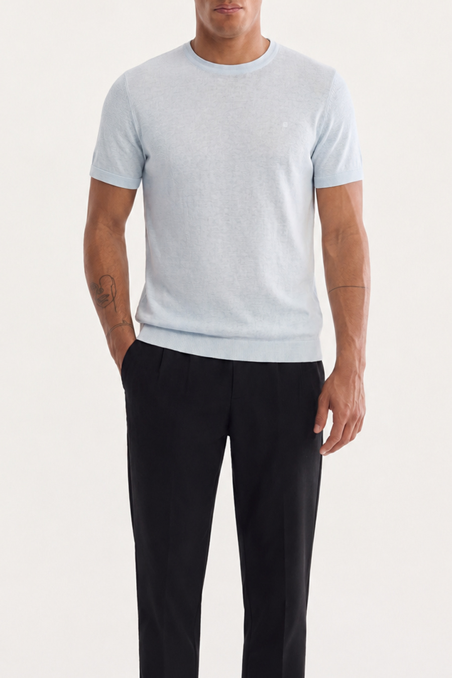 Açık Mavi Bisiklet Yaka Triko T-Shirt 