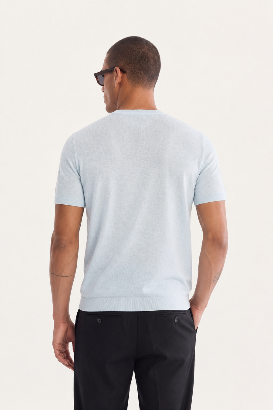 Açık Mavi Bisiklet Yaka Triko T-Shirt 