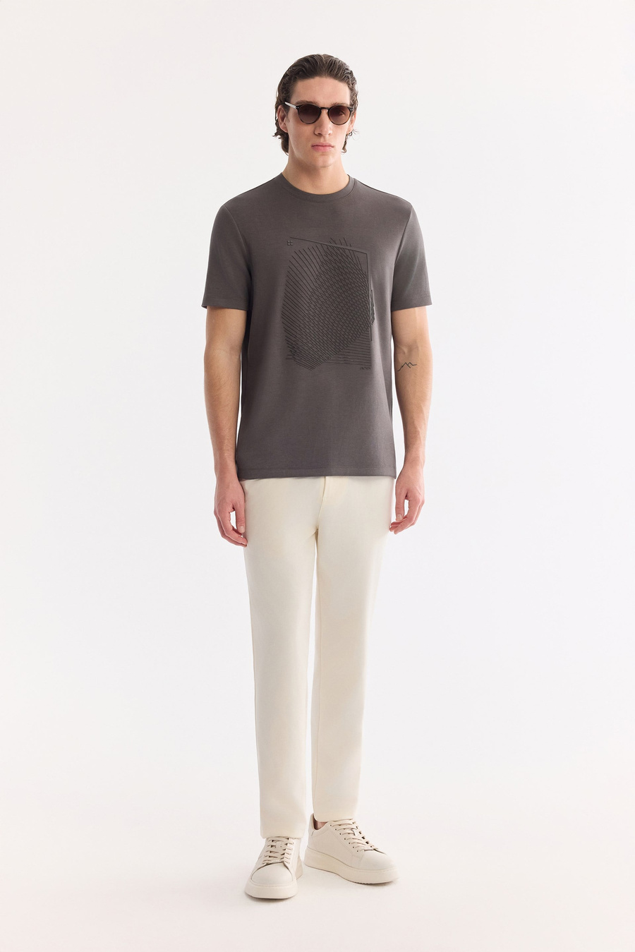 Antrasit Bisiklet Yaka Baskılı Bi-Stretch İnterlok T-Shirt