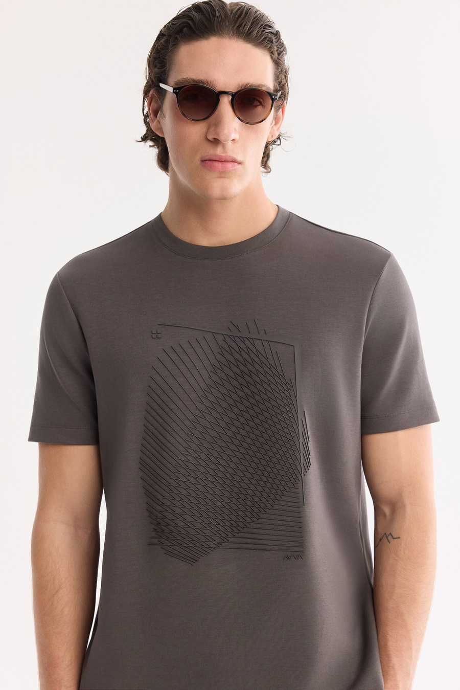 Antrasit Bisiklet Yaka Baskılı Bi-Stretch İnterlok T-Shirt