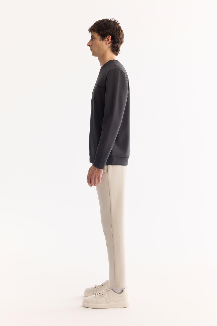 Antrasit Bisiklet Yaka Kolay Ütülenen Bi-Stretch Baskılı Sweatshirt