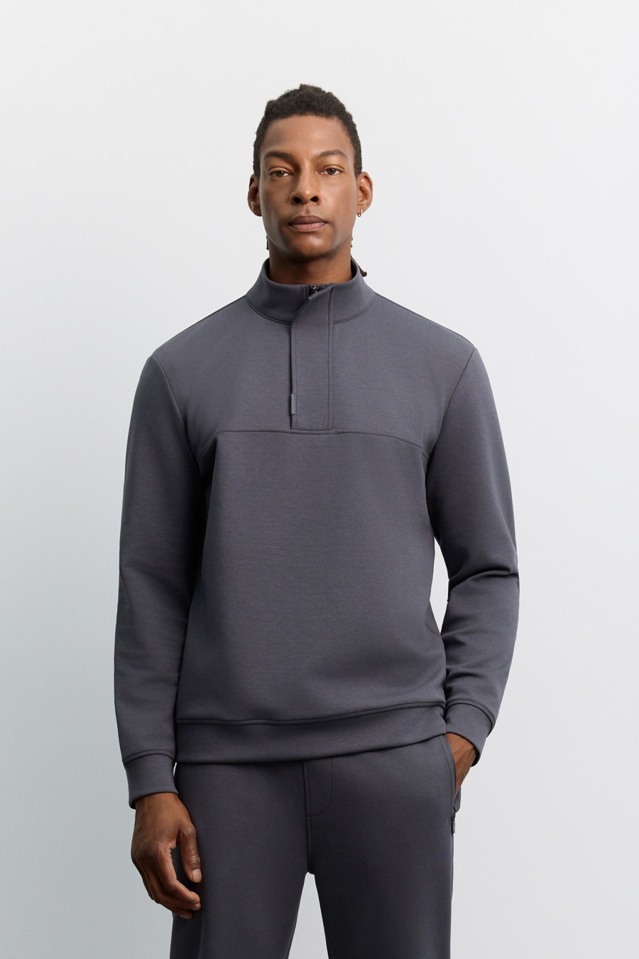 Antrasit Dik Yaka Fermuarlı Kolay Ütülenen Pamuklu Sweatshirt