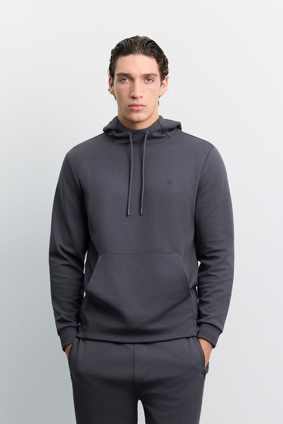 Antrasit Kapüşonlu Kolay Ütülenebilir İnterlok Sweatshirt