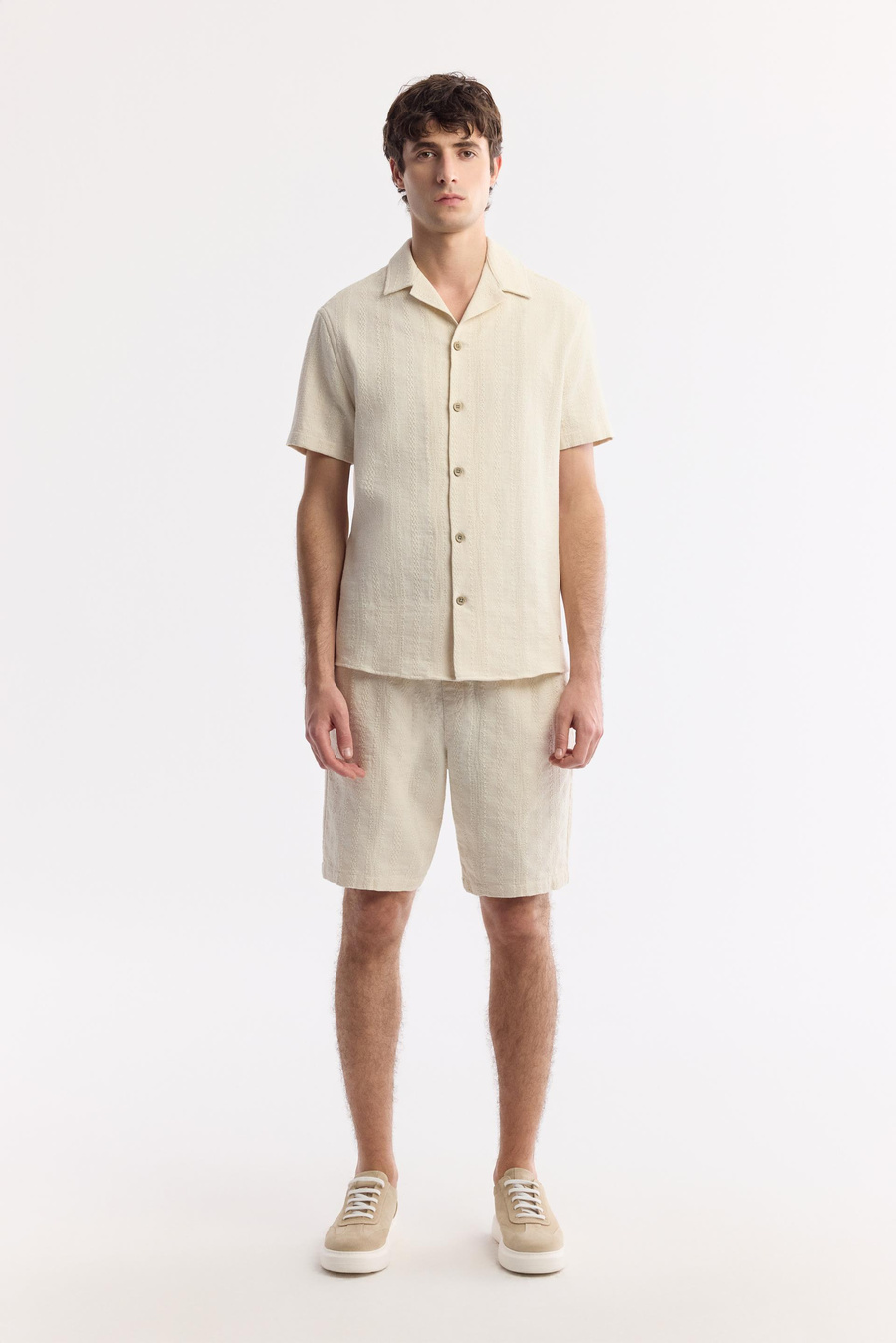 Beige Elastic Waist Drawstring 100% Cotton Shorts
