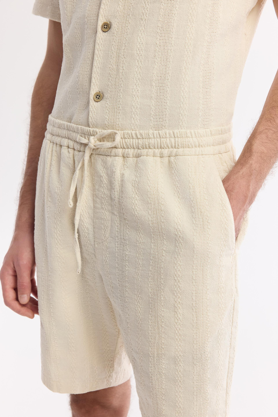 Beige Elastic Waist Drawstring 100% Cotton Shorts