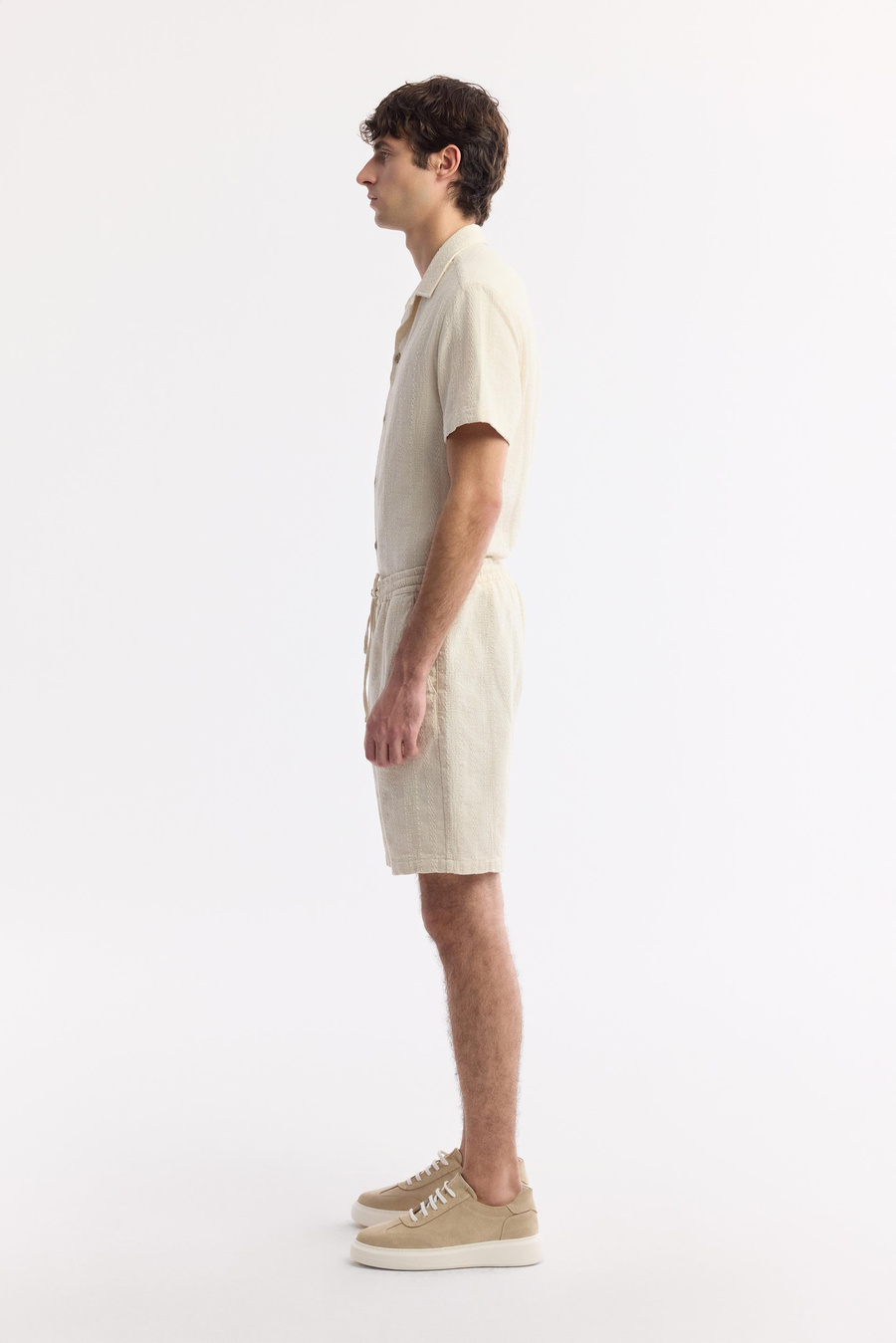 Beige Elastic Waist Drawstring 100% Cotton Shorts