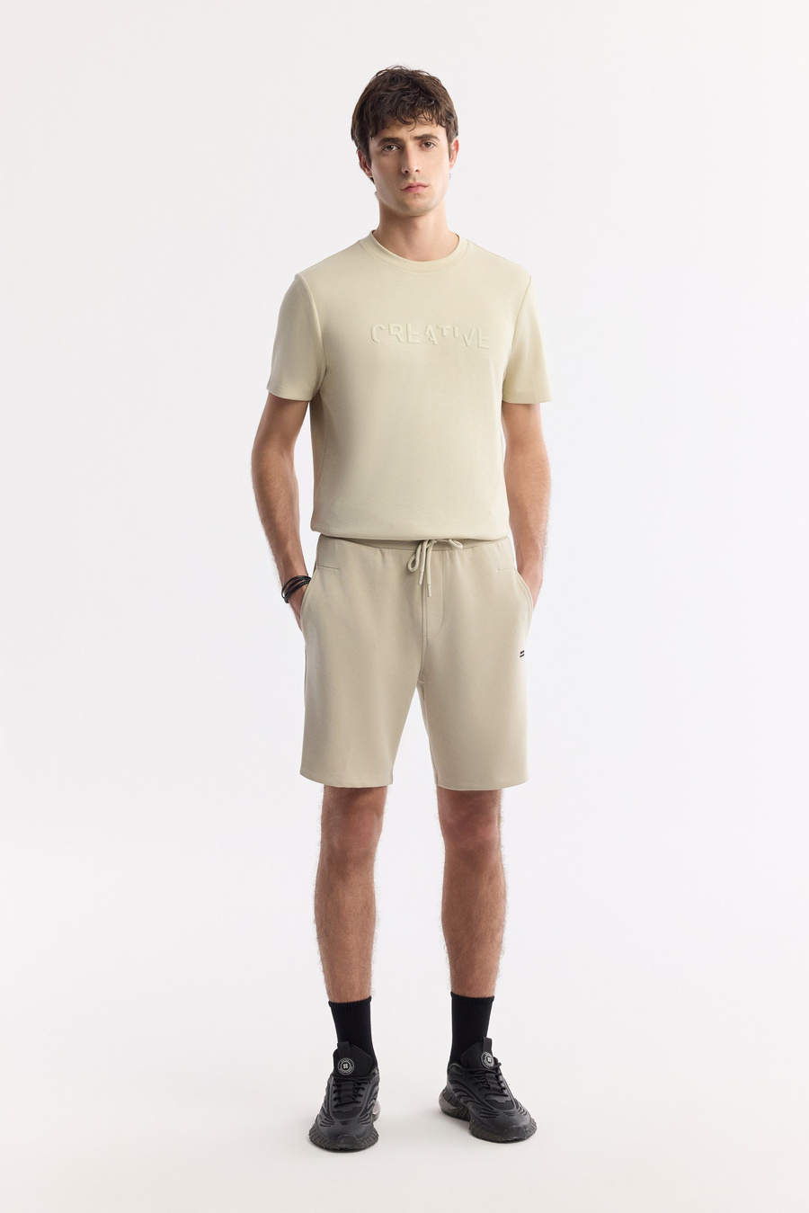 Beige Elastic Waist Drawstring Soft Touch Knit Shorts