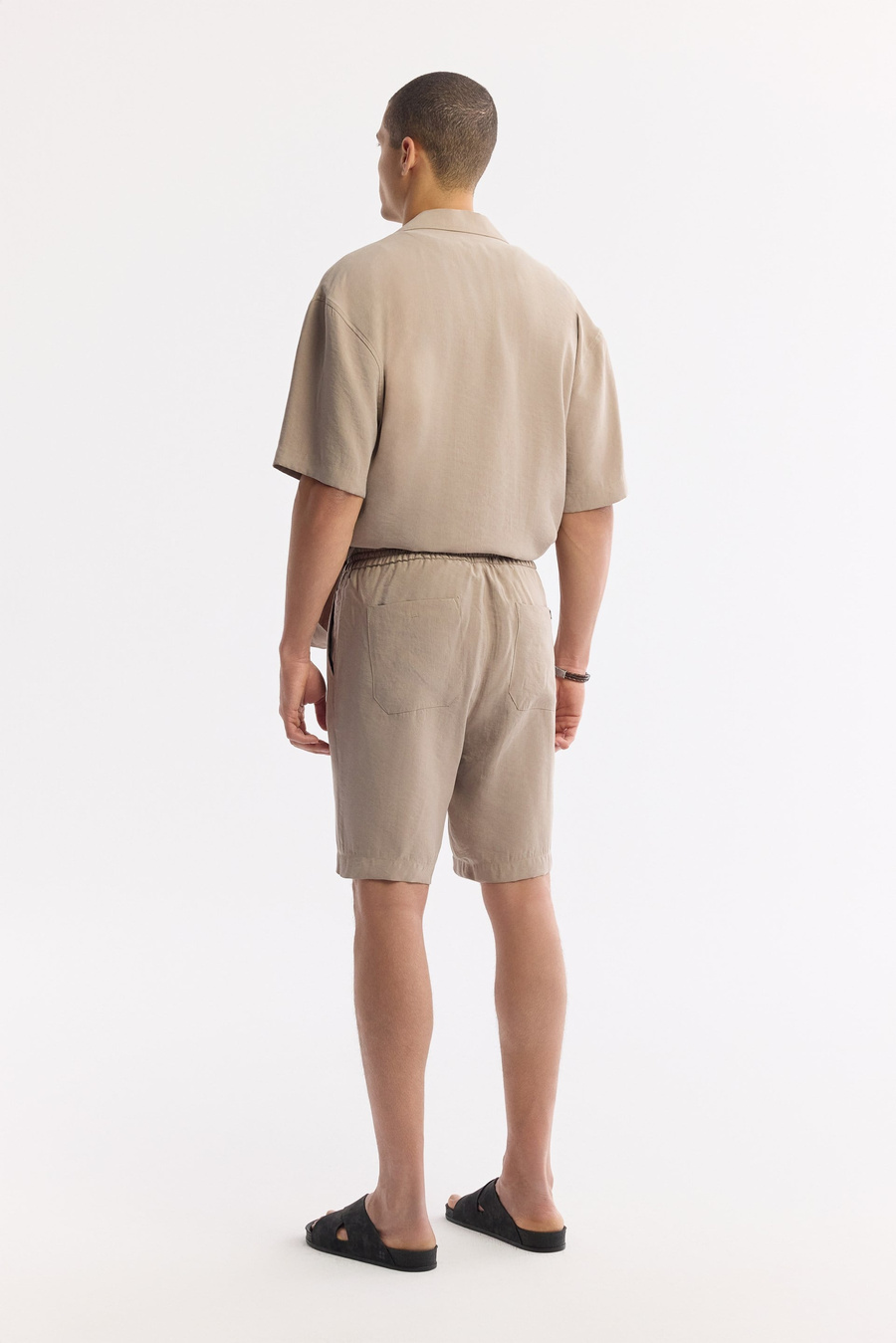 Beige Elastic Waist Drawstring Modal Blend Shorts