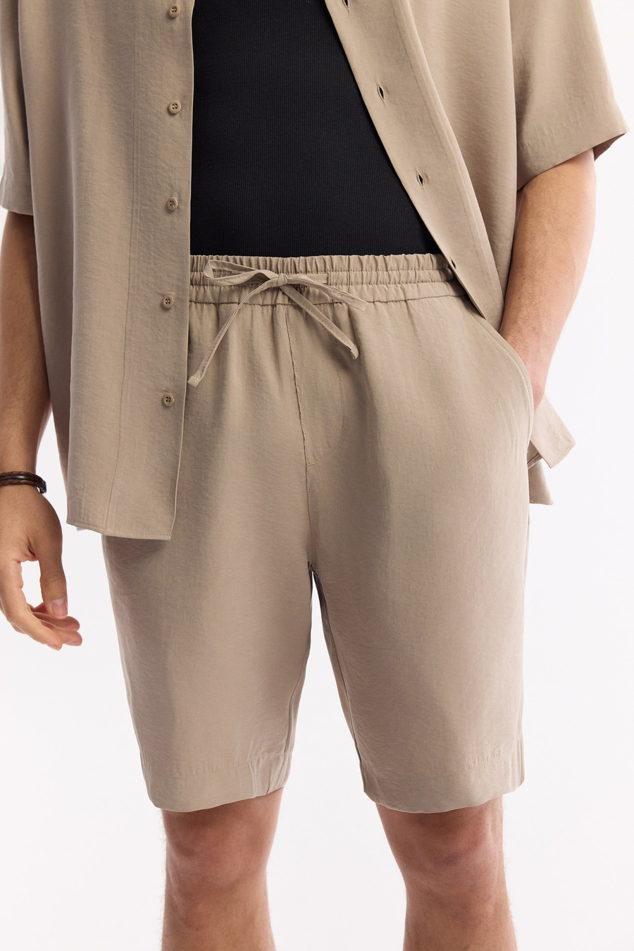 Beige Elastic Waist Drawstring Modal Blend Shorts