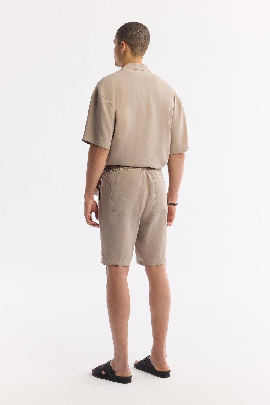 Beige Elastic Waist Drawstring Modal Blend Shorts