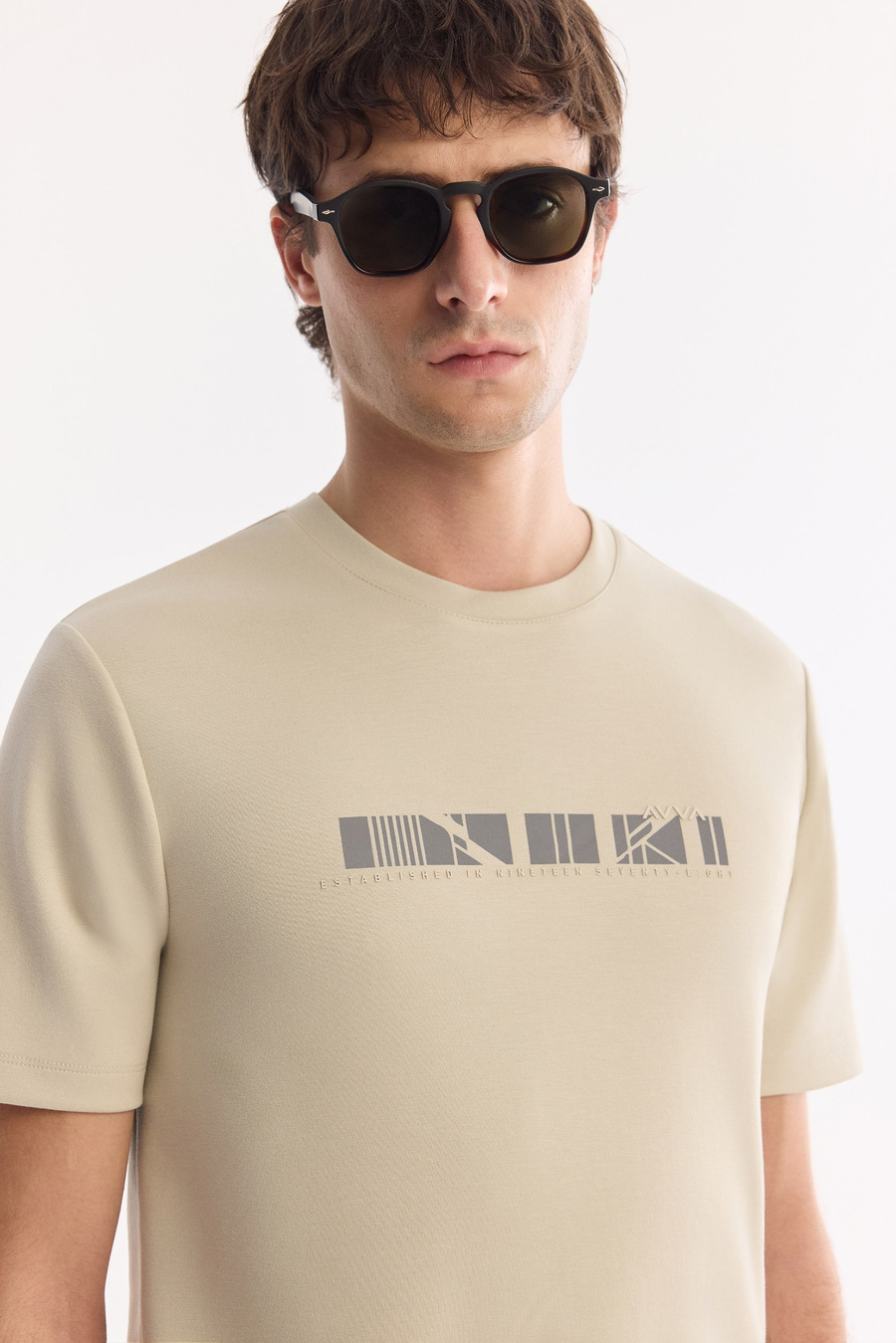 Beige Crew Neck Printed Bi-Stretch Interlock T-Shirt