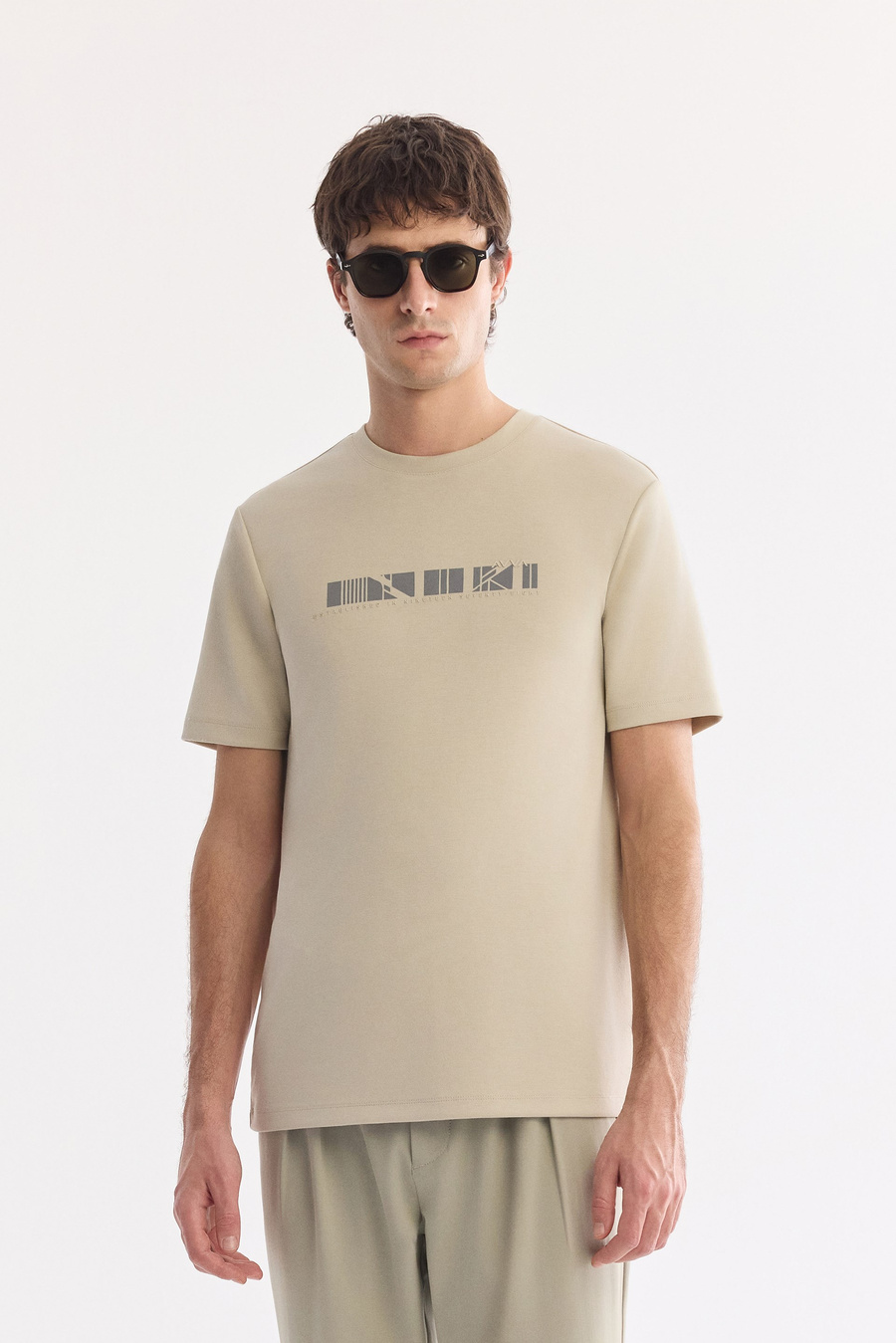 Beige Crew Neck Printed Bi-Stretch Interlock T-Shirt