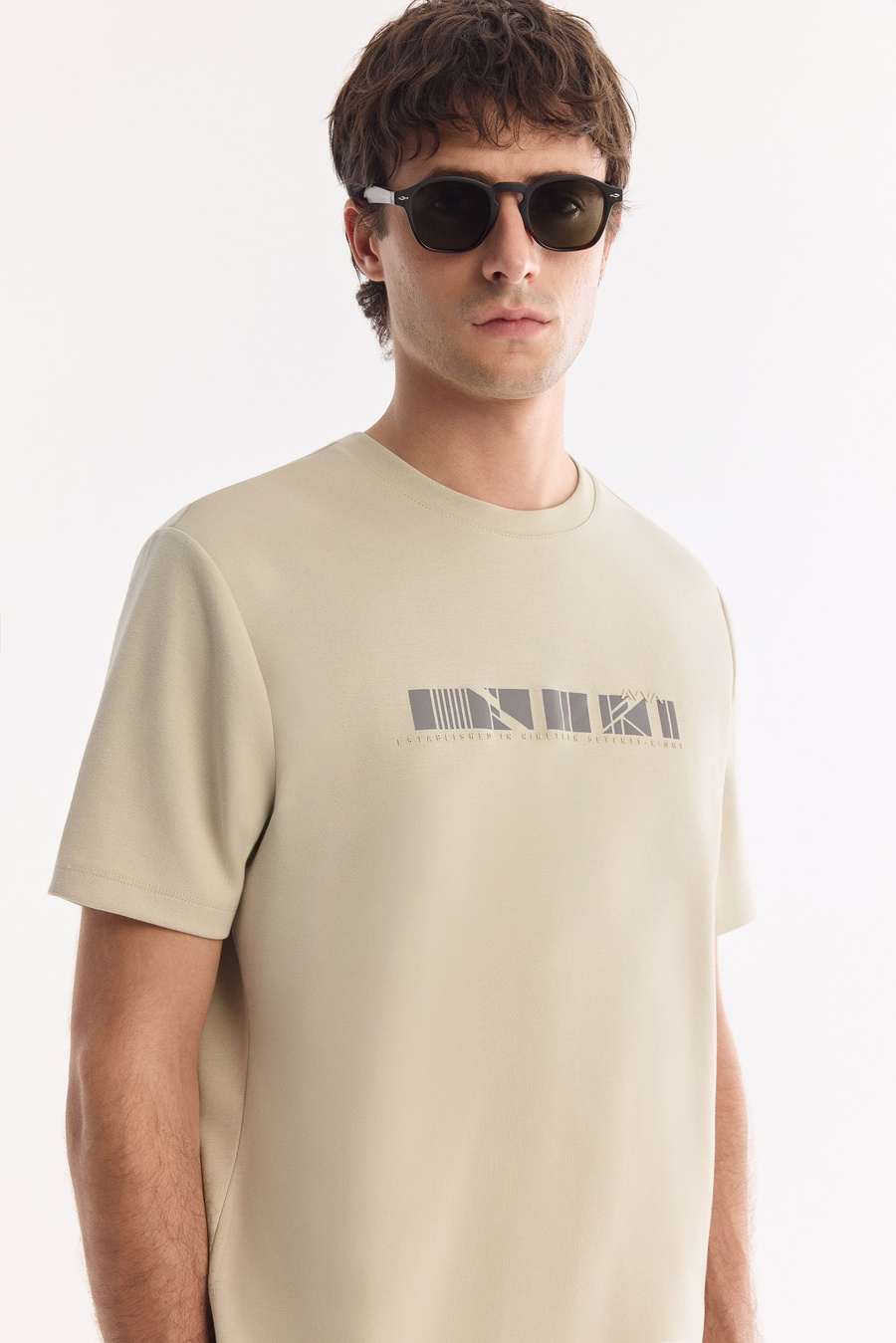 Beige Crew Neck Printed Bi-Stretch Interlock T-Shirt