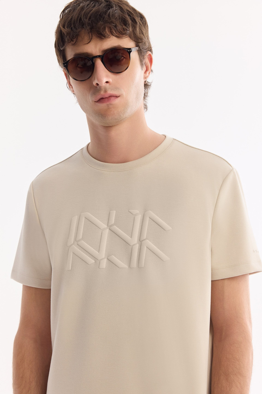 Bej Bisiklet Yaka Baskılı İnterlok T-Shirt