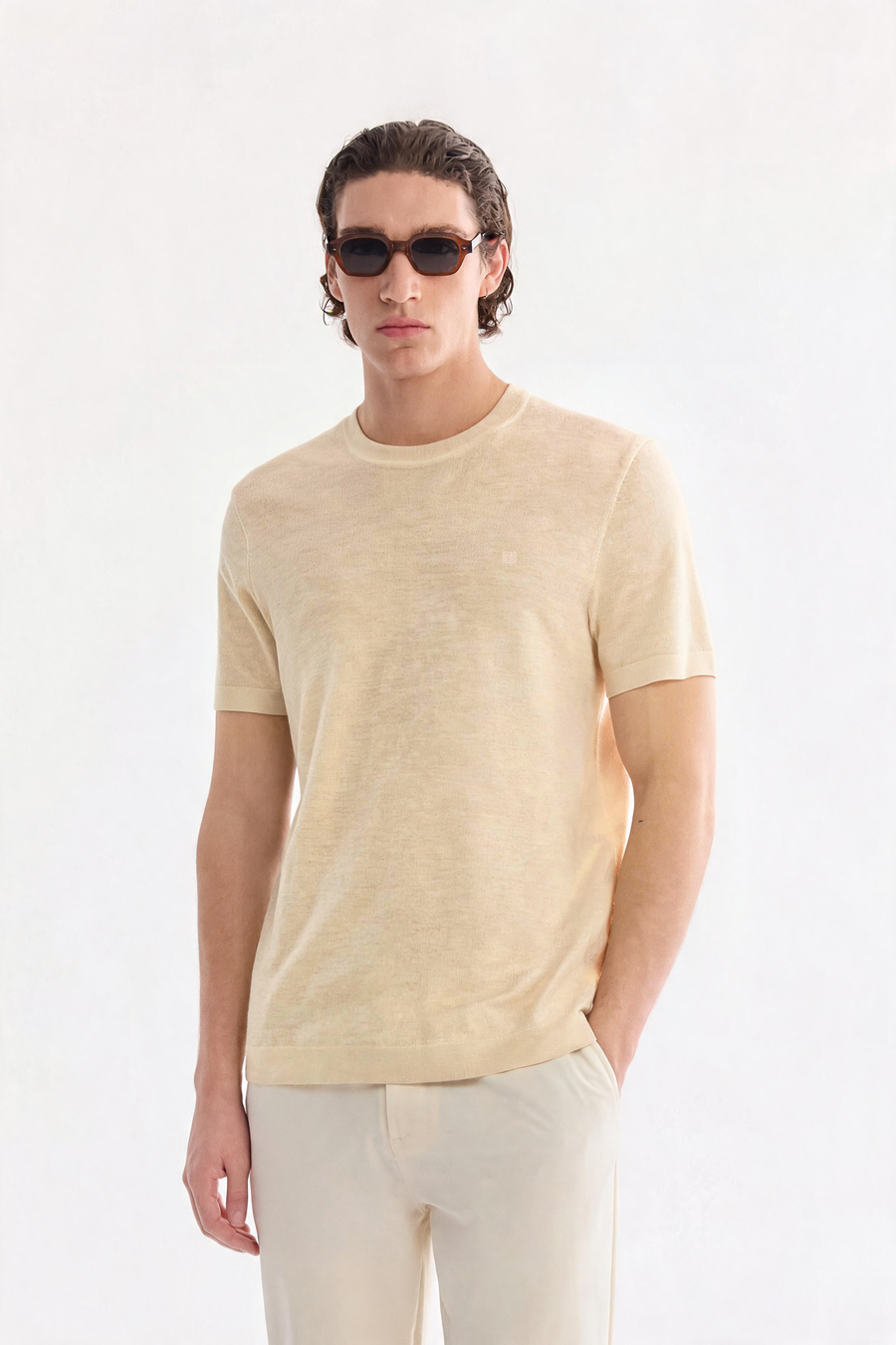 Bej Bisiklet Yaka Boya Efektli Triko T-shirt