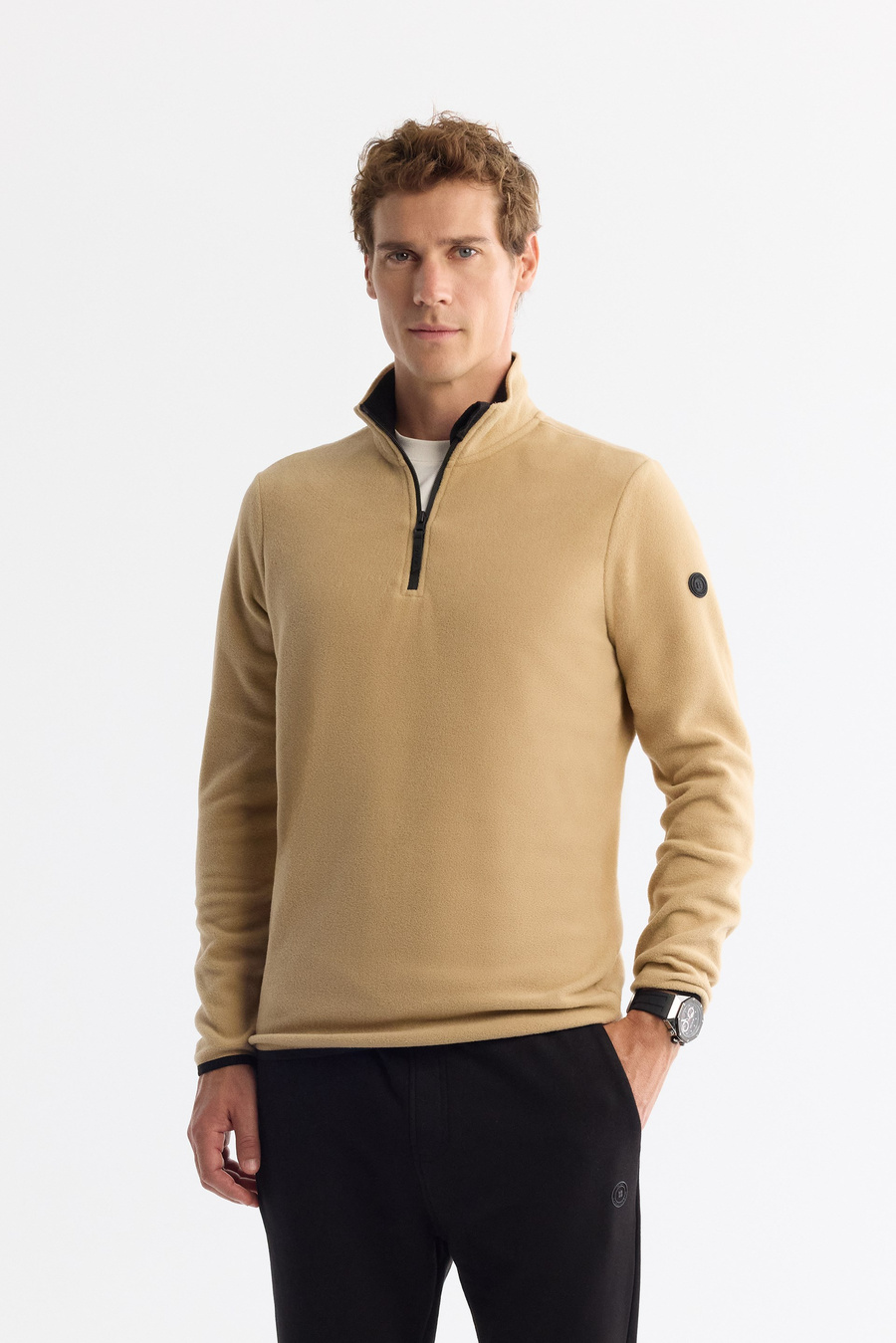 Bej Dik Yaka Fermuarlı Soft Touch Polar Sweatshirt