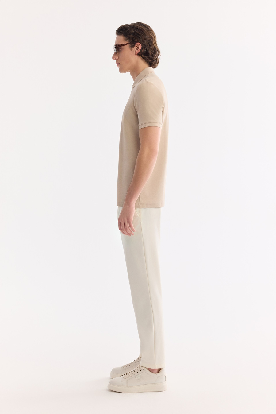 Beige %100 Cotton Polo Collar T-Shirt
