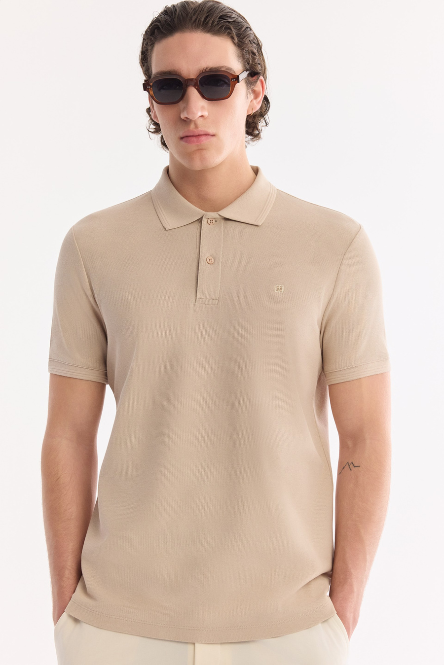 Beige %100 Cotton Polo Collar T-Shirt