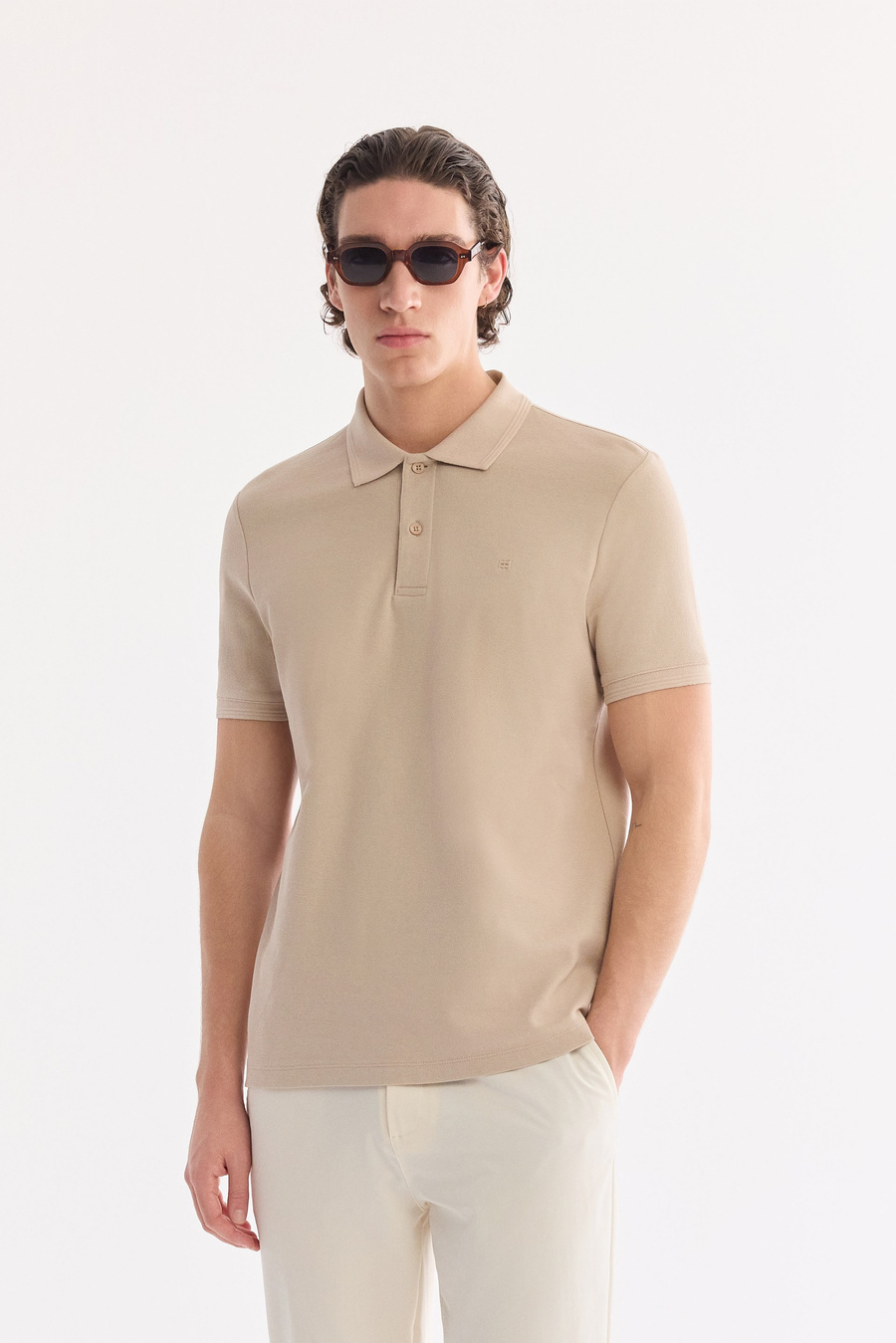Beige %100 Cotton Polo Collar T-Shirt