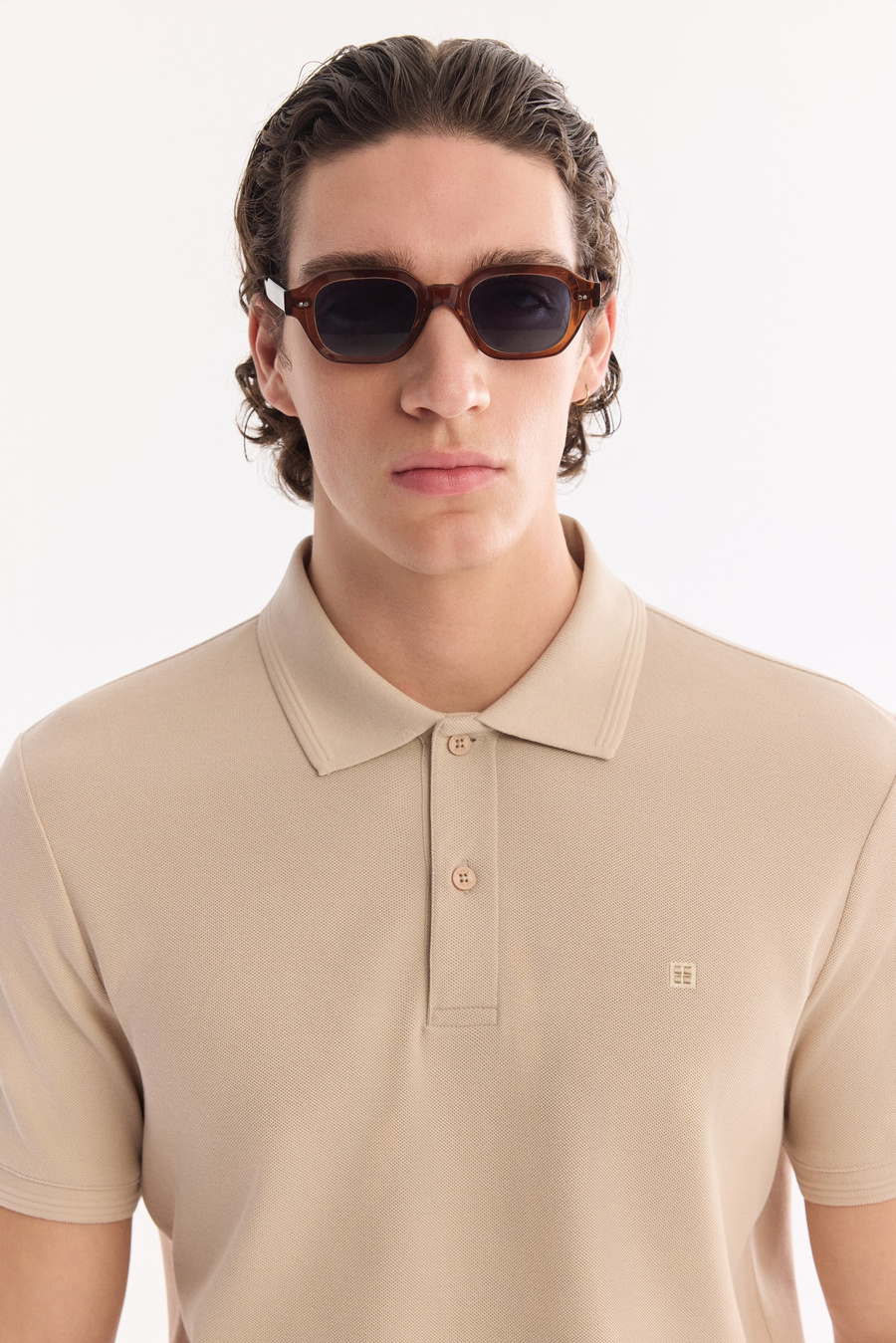 Beige %100 Cotton Polo Collar T-Shirt