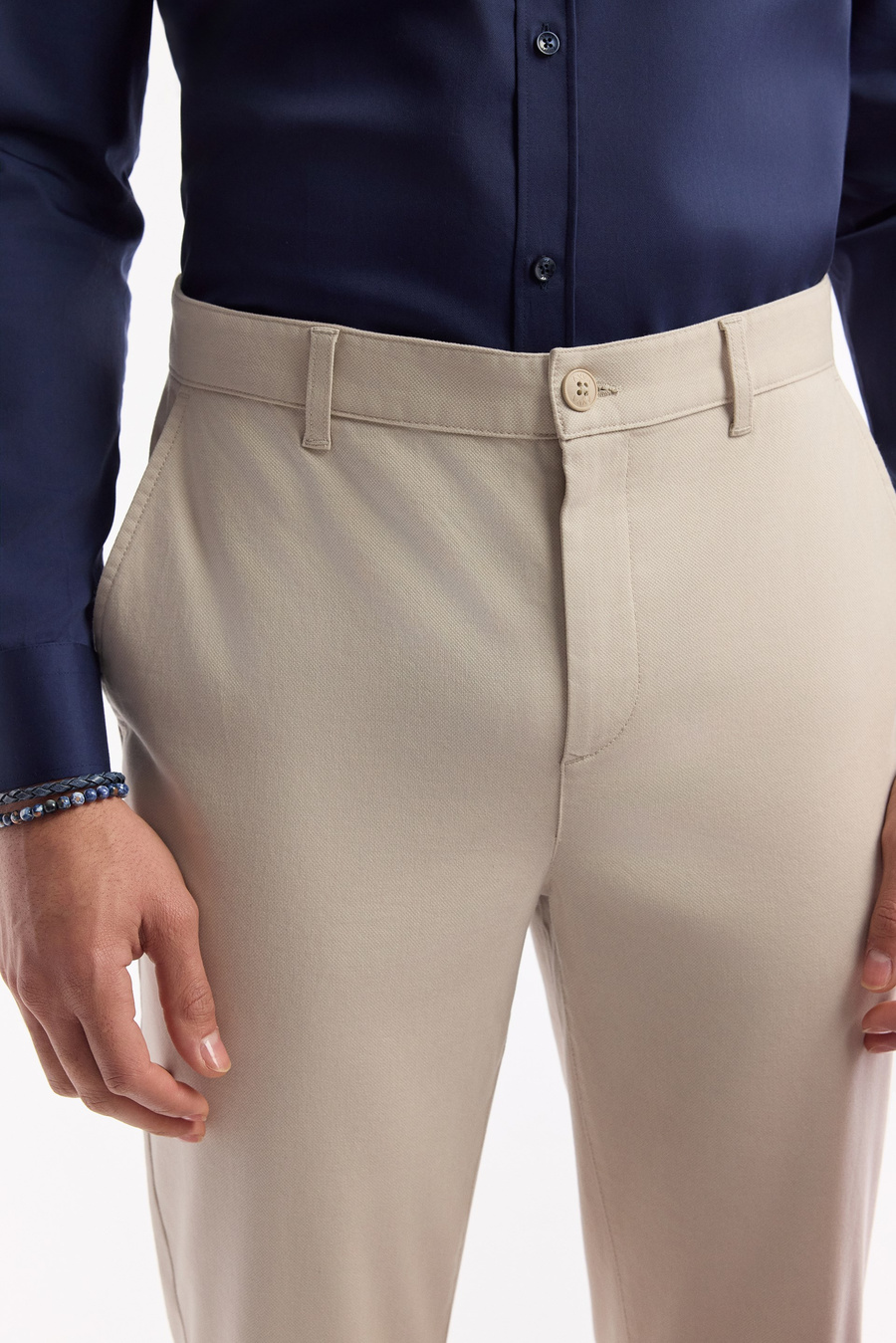 Beige Classic Waist Cotton Chino Pants